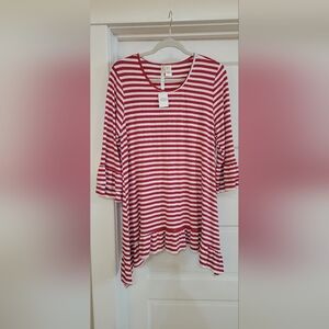 Forgotten Grace Sz L Red White Stripe Tunic 3/4 sleeves w Ruffle NWT